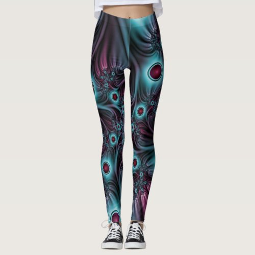 Into the Depth Blue Pink Abstract Fractal Art Leggings
