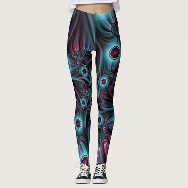 Into the Depth Blue Pink Abstract Fractal Art Leggings (Front)