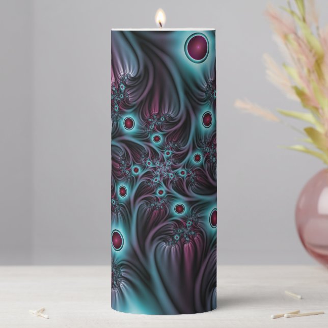 Into the Depth Blue Pink Abstract Fractal Art Pillar Candle (In Situ)