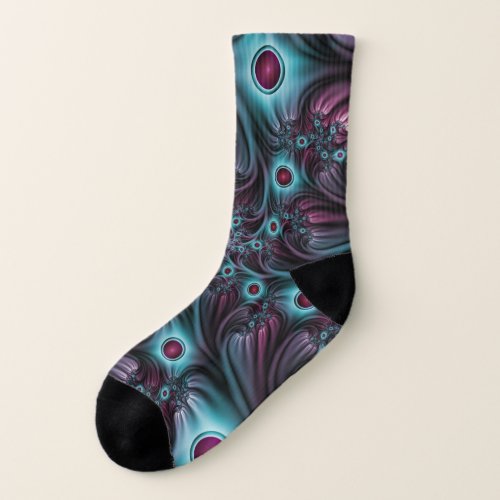 Into the Depth Blue Pink Abstract Fractal Art Socks