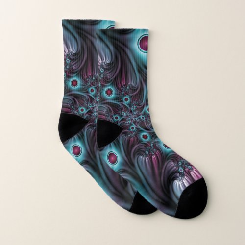 Into the Depth Blue Pink Abstract Fractal Art Socks