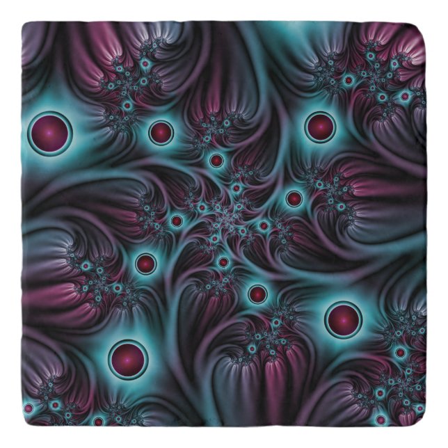 Into the Depth Blue Pink Abstract Fractal Art Trivet (Front)