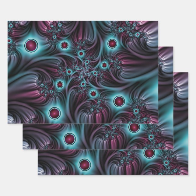 Into the Depth Blue Pink Abstract Fractal Art Wrapping Paper Sheets (Set)