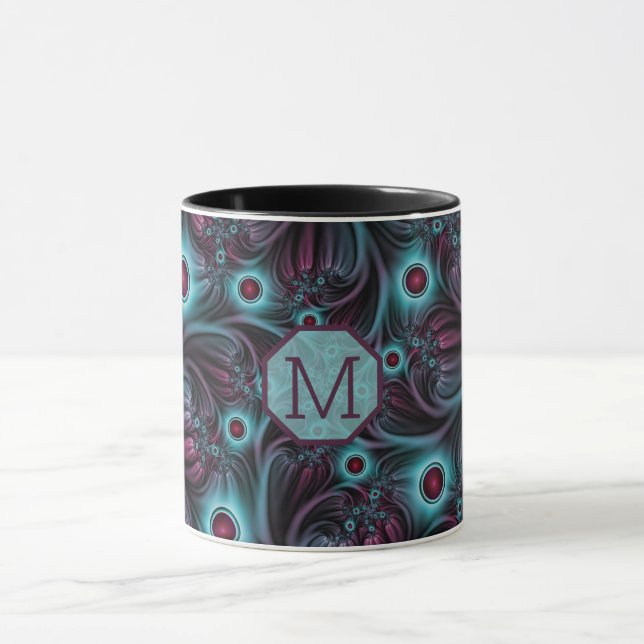 Into the Depth Blue Pink Abstract Fractal Monogram Mug (Center)