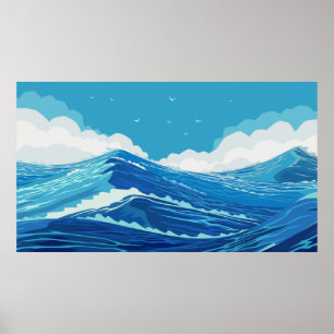 Into the ocean. Beautiful large sea waves and blue Poster