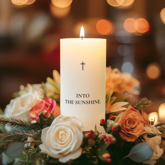 Into the sunshine bold black lettering memorial pillar candle (Perfect memorial symbol)