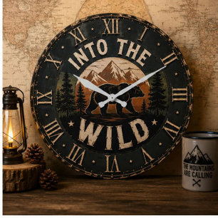 Into the Wild Bear Rustic Cabin Mountain Decor Large Clock