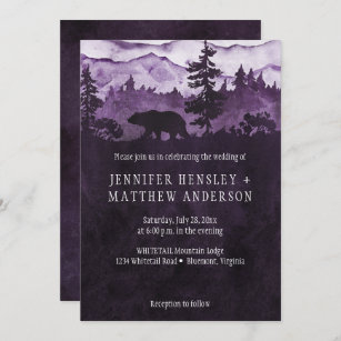 Into The Wild Dark Purple Mountains Bear Wedding Invitation