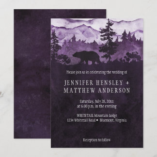 Into The Wild Dark Purple Mountains Bear Wedding Invitation