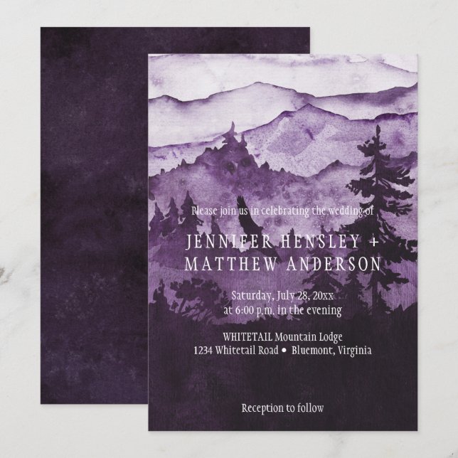 Into The Wild Dark Purple Mountains Scene Wedding Invitation (Front/Back)