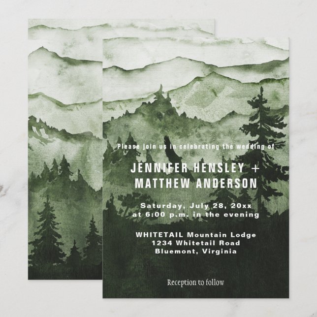 Into The Wild Emerald Mist Mountains Scene Wedding Invitation (Front/Back)