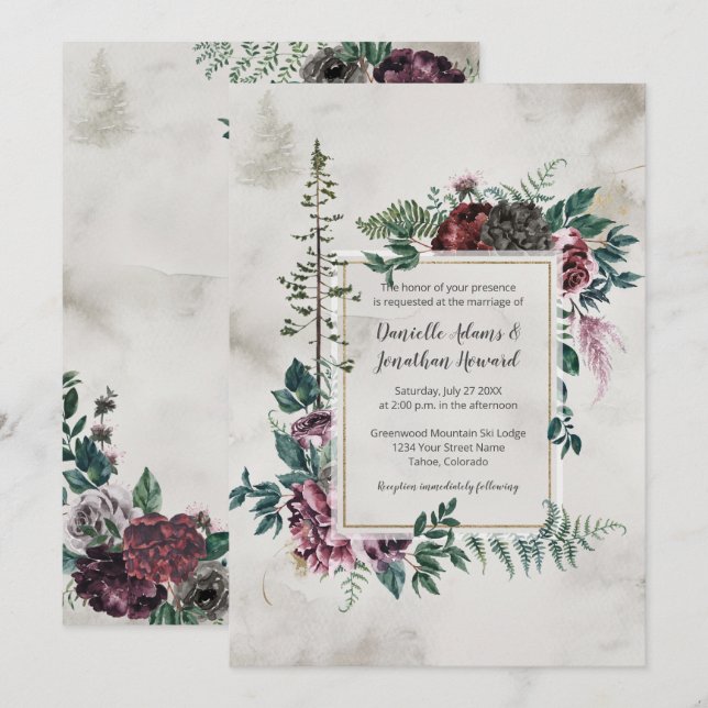 Into the Wild Rustic Burgundy Gray Floral Wedding Invitation (Front/Back)
