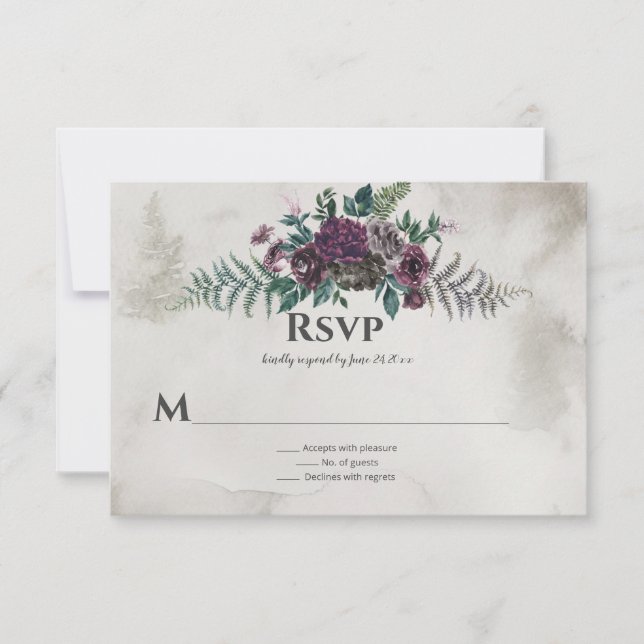 Into the Wild Rustic Burgundy Gray Floral Wedding RSVP Card (Front)