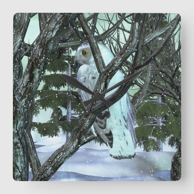 Into The Wild Snowy Owl WINTER DECOR Square Wall Clock (Front)