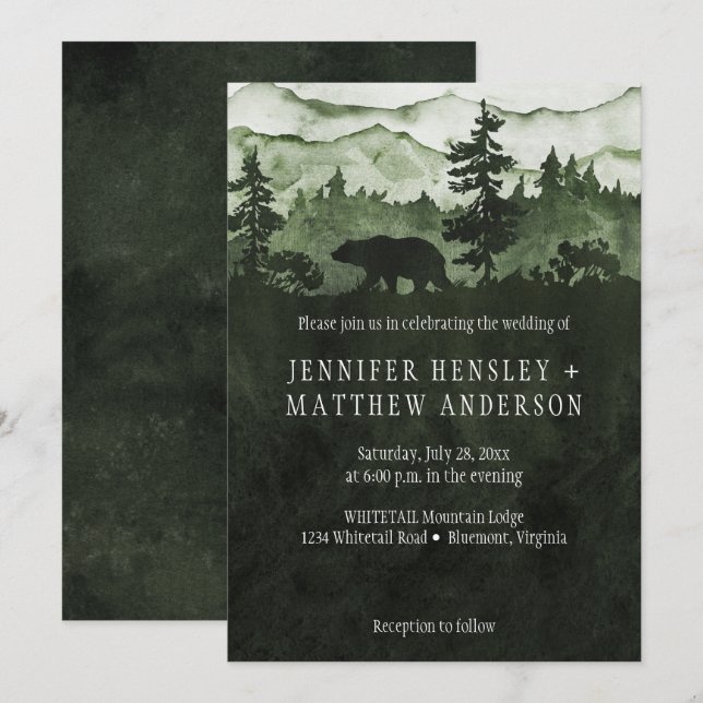 Into The Wild Vivid Green Mountains Bear Wedding Invitation (Front/Back)