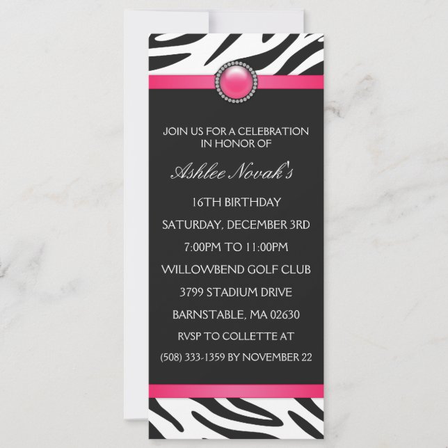 Into the Wild Zebra Print Sweet 16 Birthday Party Invitation (Front)