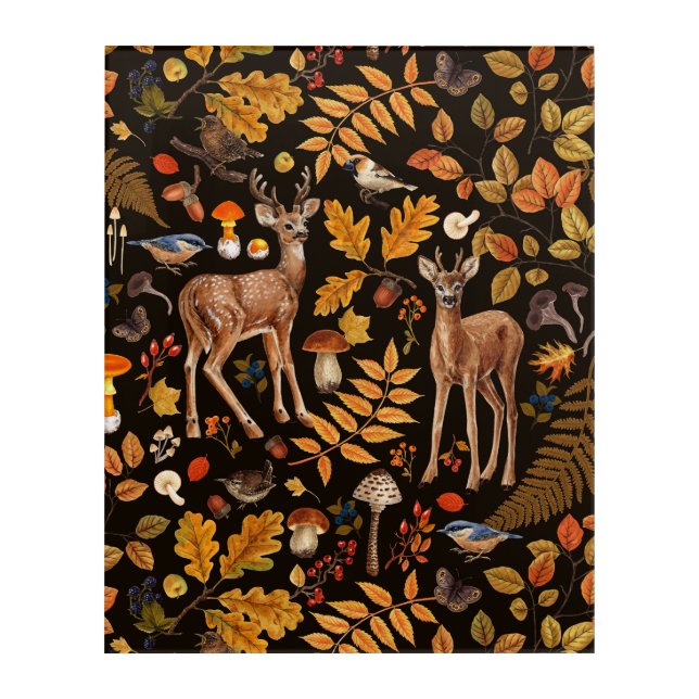 Into the woods/Autumn deer on black Acrylic Print (Front)