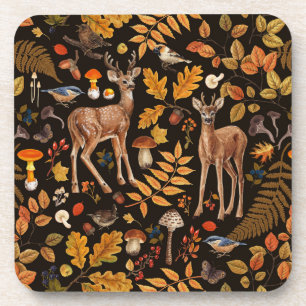 Into the woods/Autumn deer on black Beverage Coaster