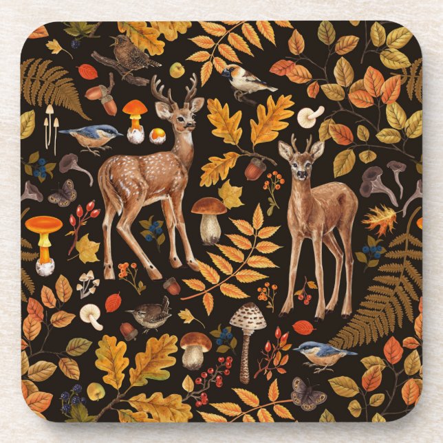 Into the woods/Autumn deer on black Beverage Coaster (Front)
