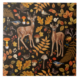 Into the woods/Autumn deer on black Ceramic Tile