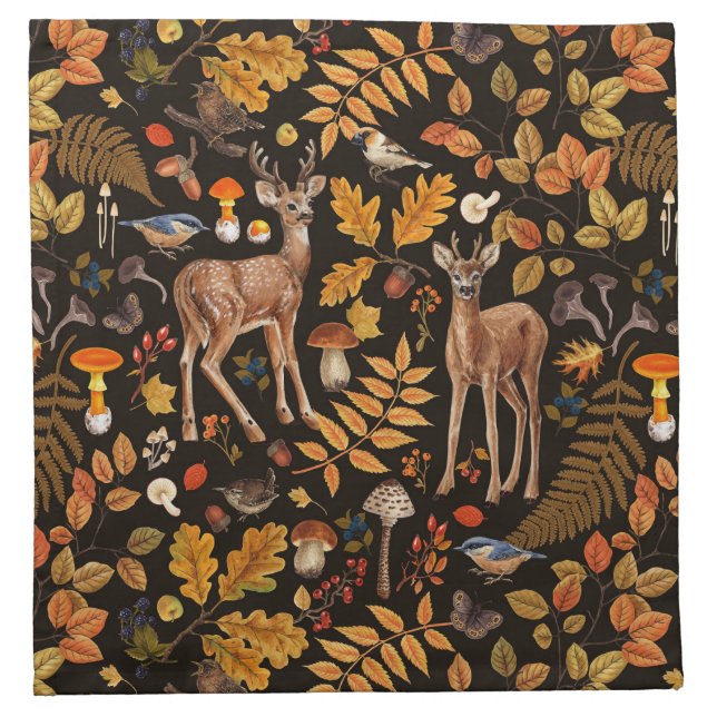 Into the woods/Autumn deer on black Cloth Napkin (Front)