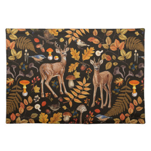 Into the woods/Autumn deer on black Cloth Placemat