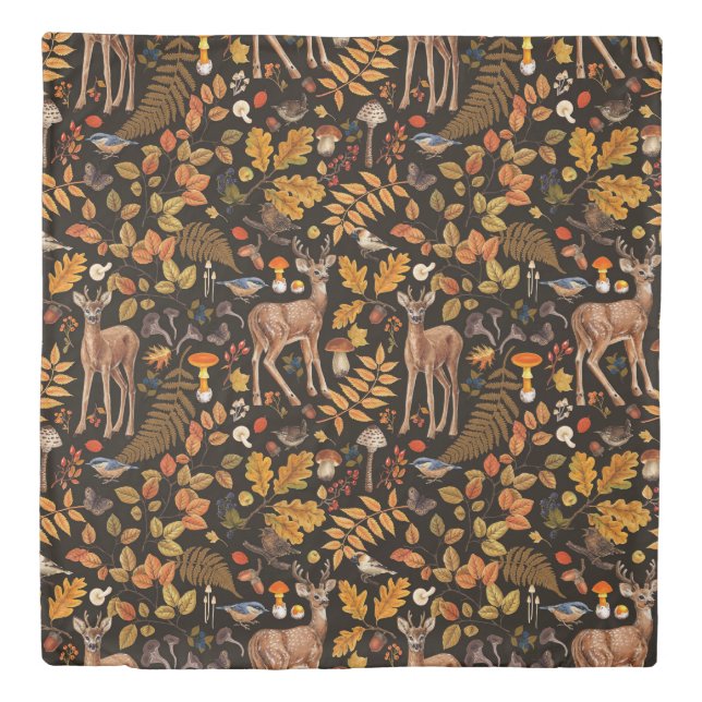 Into the woods/Autumn deer on black Duvet Cover (Front)