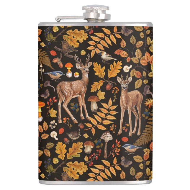 Into the woods/Autumn deer on black Flask (Front)