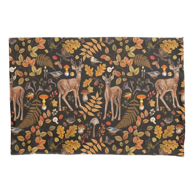 Into the woods/Autumn deer on black Pillow Case (Front-Left)