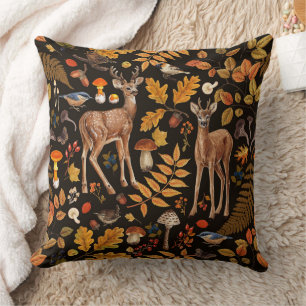 Into the woods/Autumn deer on black Throw Pillow