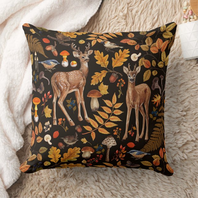 Into the woods/Autumn deer on black Throw Pillow (Blanket)