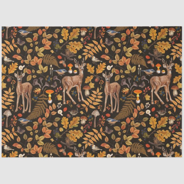 Into the woods/Autumn deer on black Tissue Paper (Front)