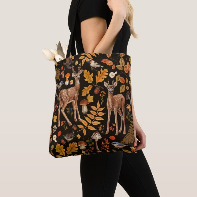 Into the woods/Autumn deer on black Tote Bag (Close Up)