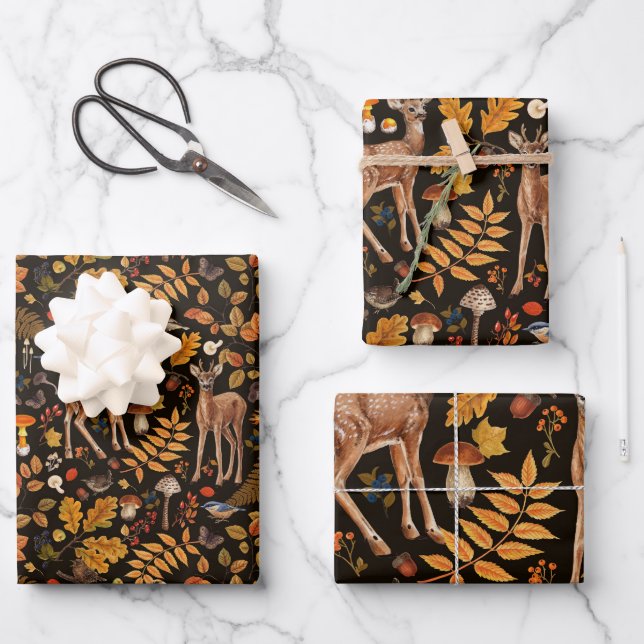 Into the woods/Autumn deer on black Wrapping Paper Sheets (Front)