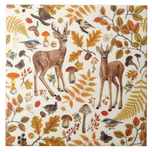 Into the woods/Autumn deer on off white Ceramic Tile