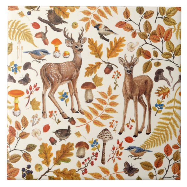 Into the woods/Autumn deer on off white Ceramic Tile (Front)