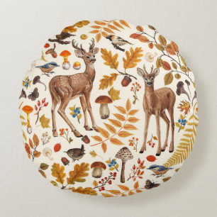 Into the woods/Autumn deer on off white Round Pillow