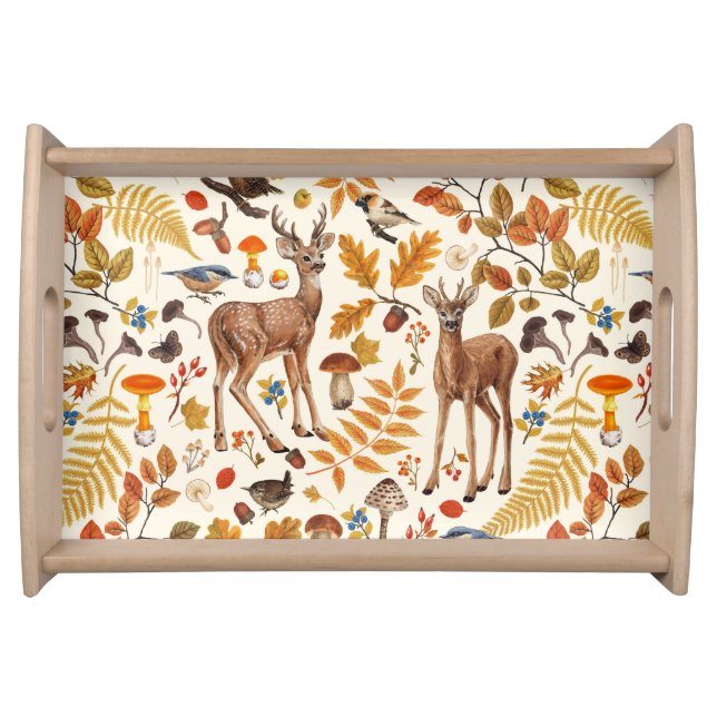 Into the woods/Autumn deer on off white Serving Tray (Front)