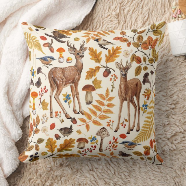 Into the woods/Autumn deer on off white Throw Pillow (Blanket)