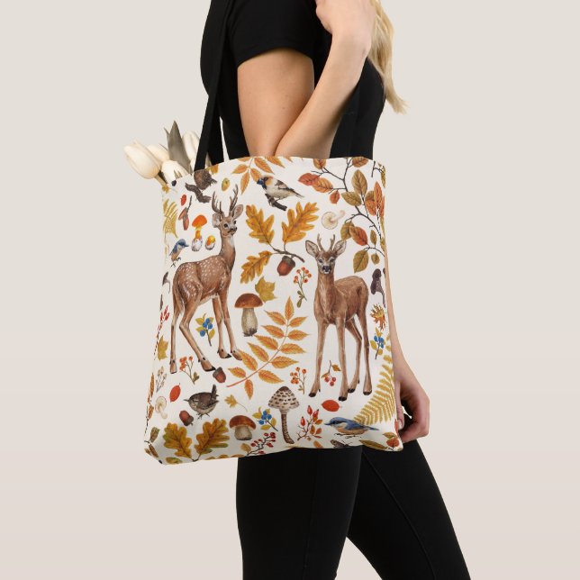 Into the woods/Autumn deer on off white Tote Bag (Close Up)