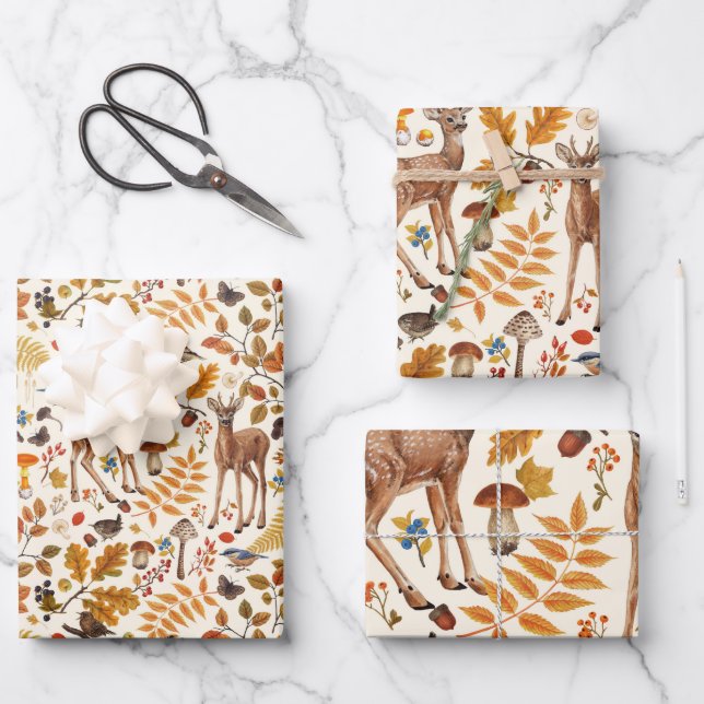 Into the woods/Autumn deer on off white Wrapping Paper Sheets (Front)