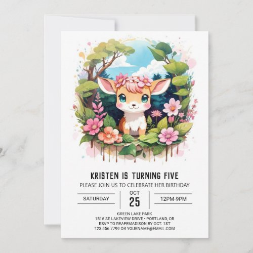 Into the Woods Deer Whimsy Girl Birthday Invitation