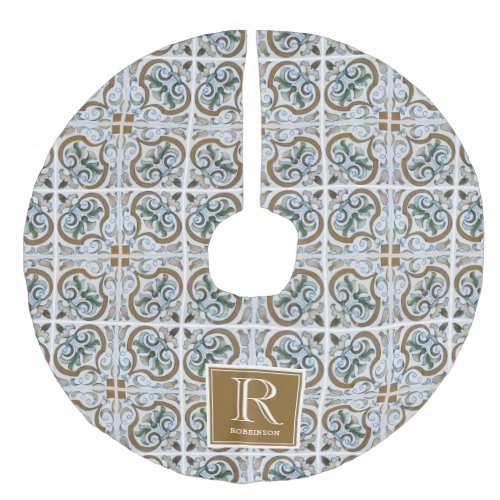 Intreget Italian Tile Pattern Monogram  Faux Linen Tree Skirt