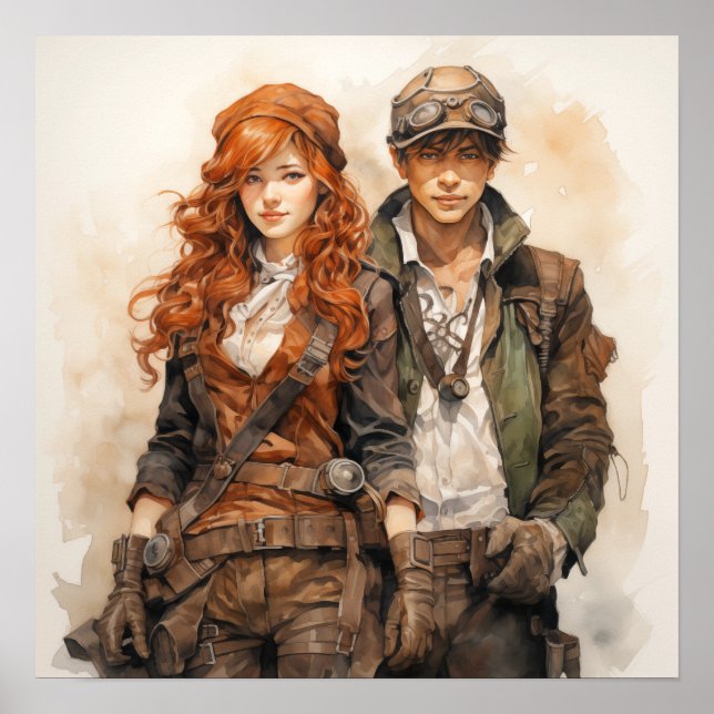 Intrepid Steampunk Explorers Dynamic Duo Art Poster (Front)