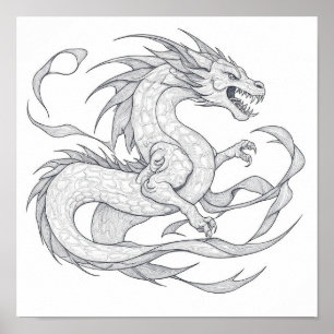 Intricate Adult Coloring Page: Detailed Dragon Poster