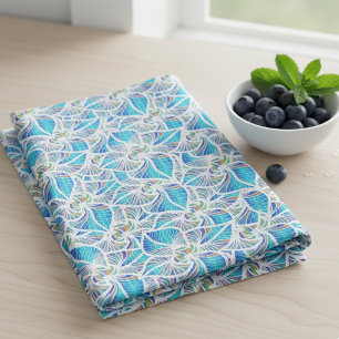 Intricate Aqua Blue Swirl Abstract Floral Kitchen Towel