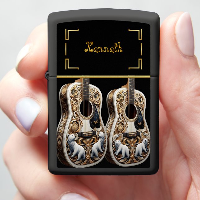 Intricate Bear Artwork on Guitar Zippo Lighter (In Hand)