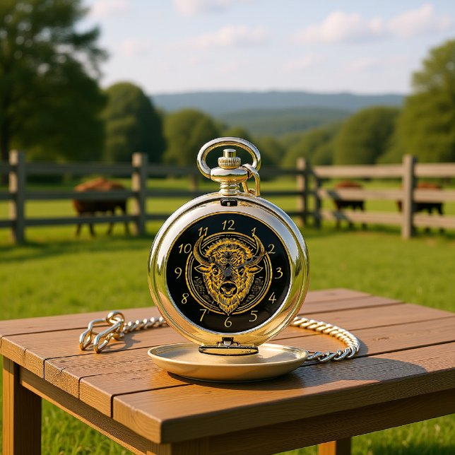 Intricate Bison Buffalo Head Illustration Pocket Watch (Creator Uploaded)