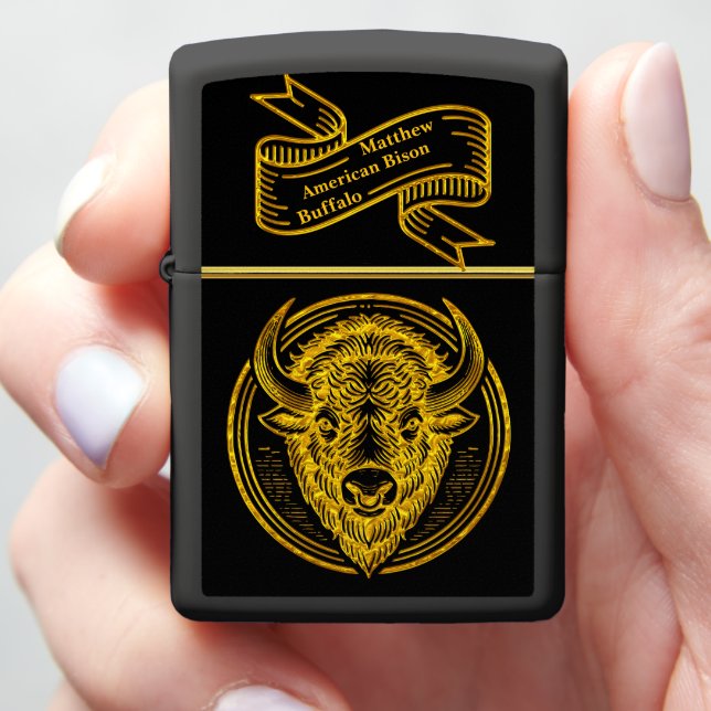 Intricate Bison Buffalo Head Illustration r Zippo Lighter (In Hand)