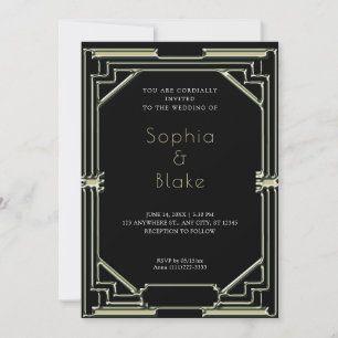 Intricate Black and Green Art Deco Wedding Invitation